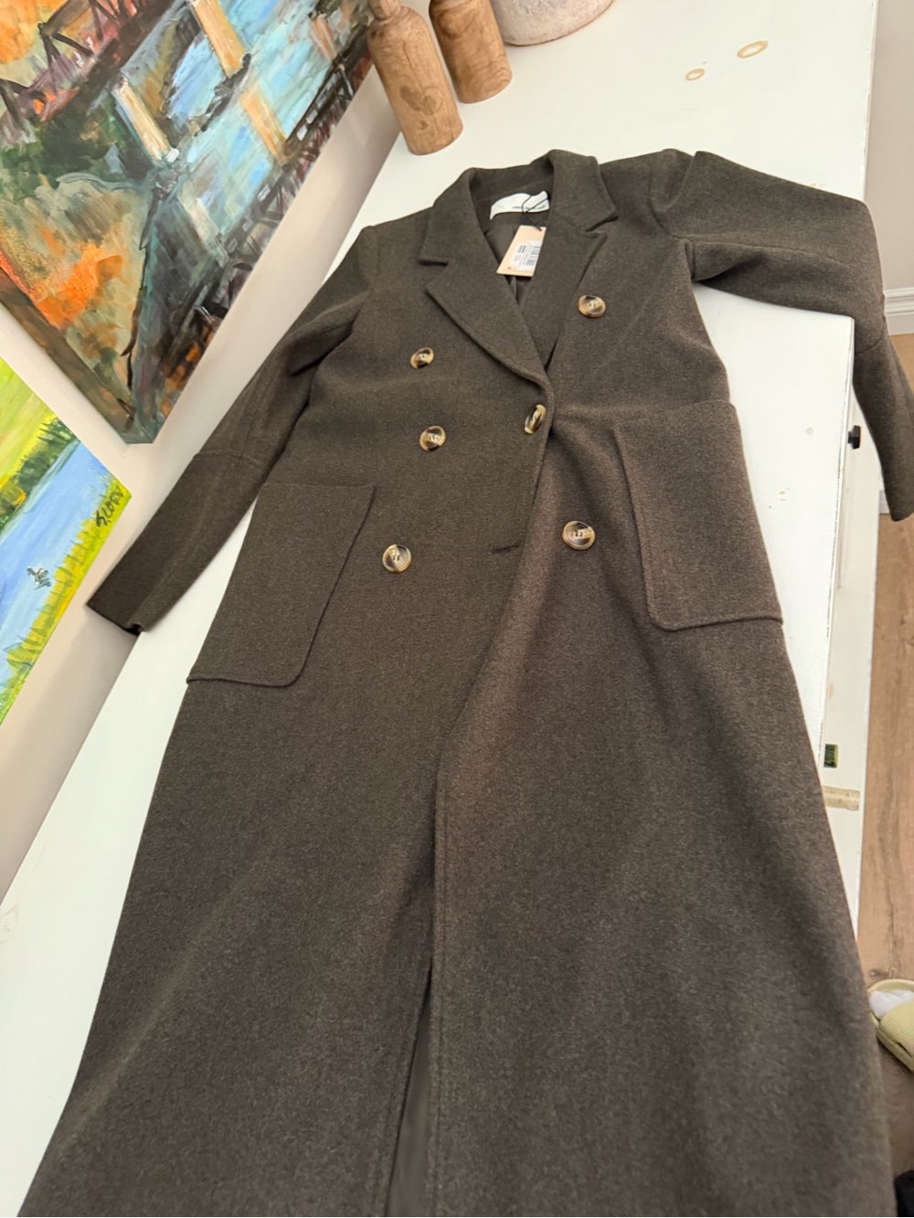 Pink Martini Women's Double-Breasted Long Trench Coat - Dark Olive